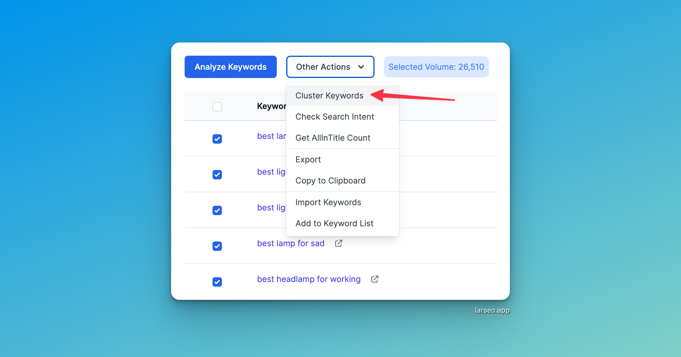 select cluster keyword action